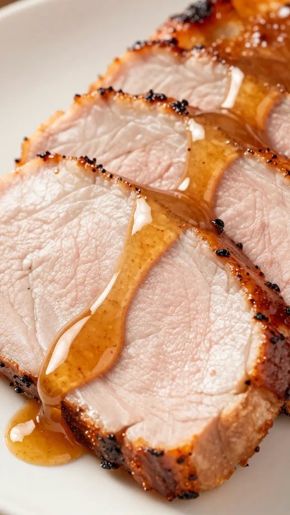 glazed pork tenderloin slice, honey-dijon sheen, closeup