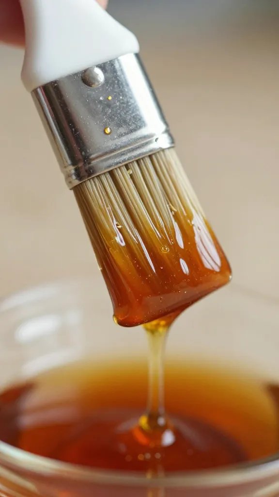 basting brush dripping honey-dijon marinade, macro