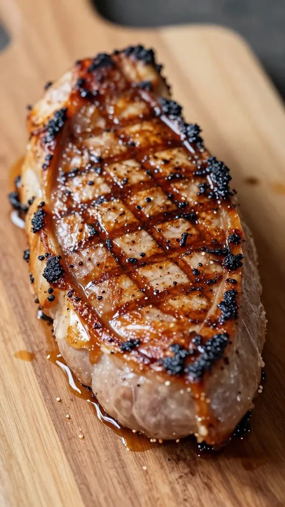 grill-marked pork tenderloin resting on wooden board, closeup