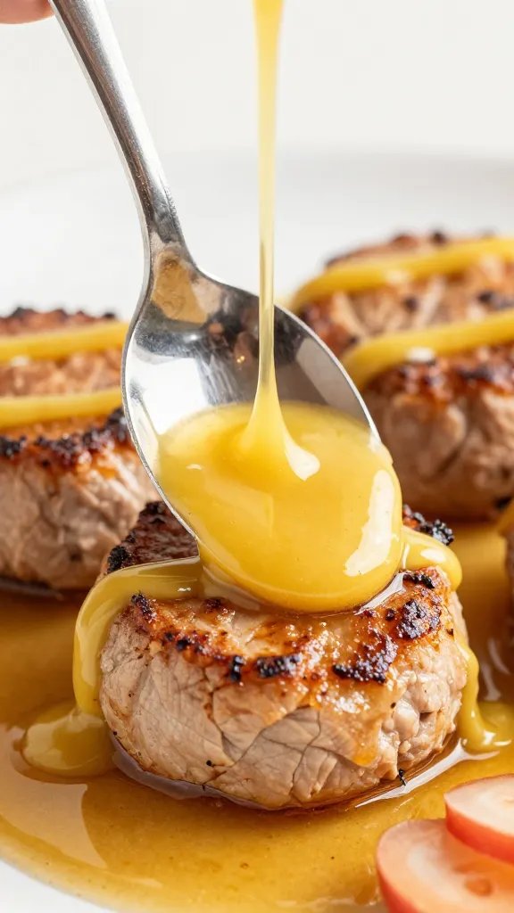 spoonful of honey-dijon marinade over pork medallion