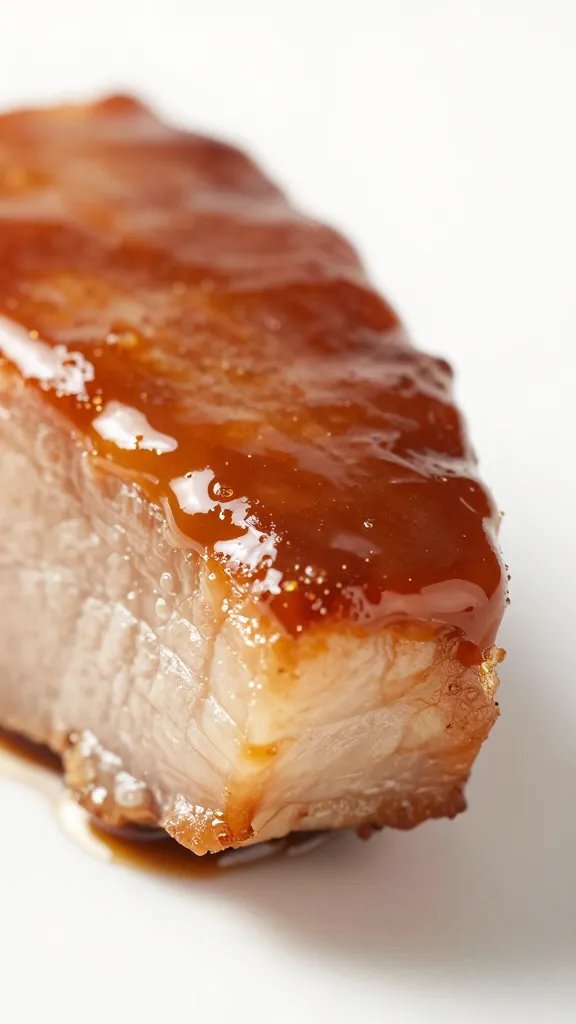 caramelized glaze on pork tenderloin end cap, macro