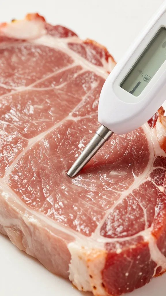 instant-read thermometer inserted into pork tenderloin, closeup