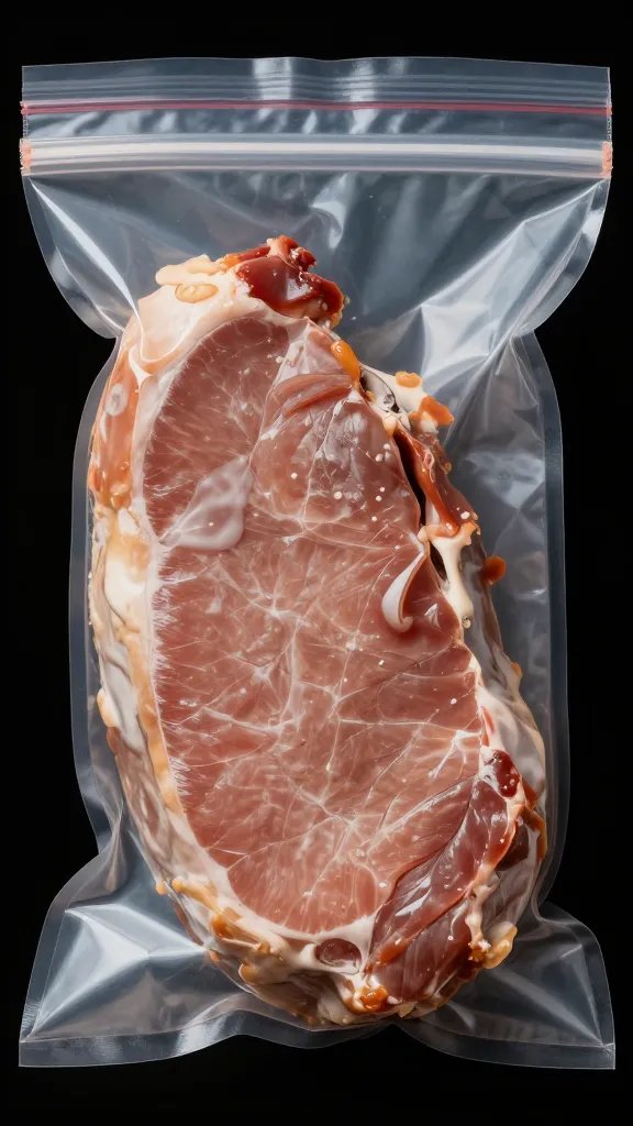 dijon-coated pork tenderloin in zip-top bag, macro