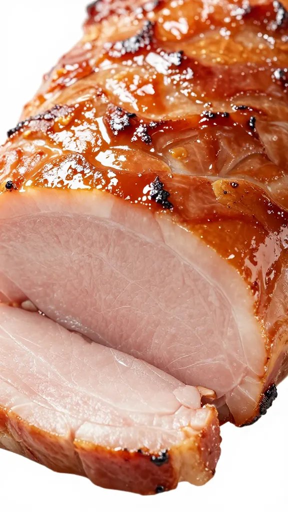 glossy pork tenderloin slice with visible smoke ring, closeup