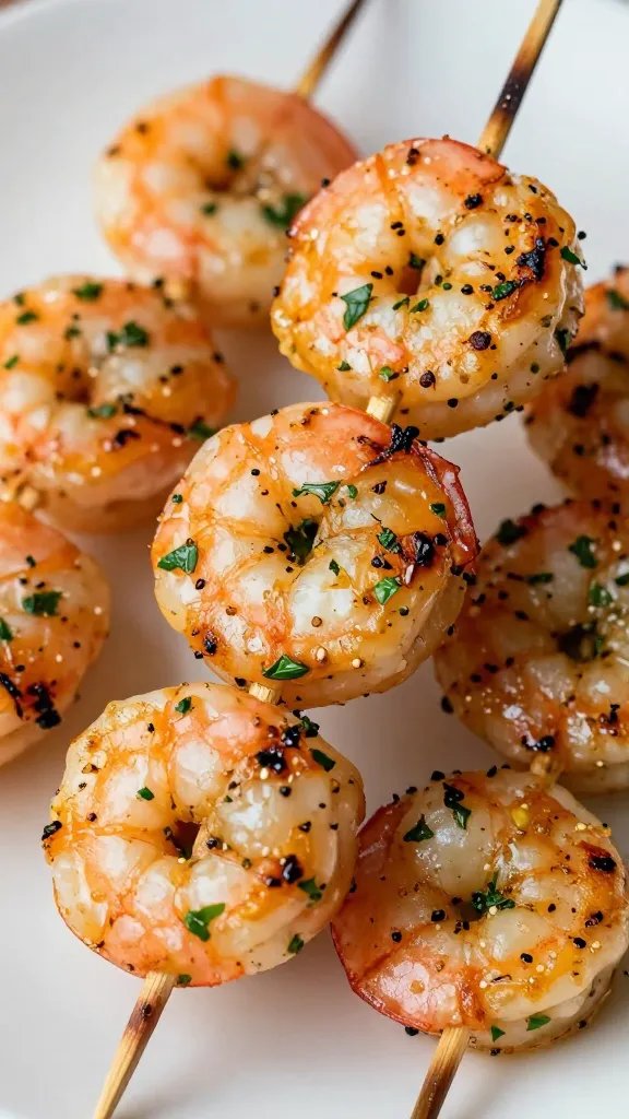 closeup grilled shrimp skewer brushed with citrus herb marinade