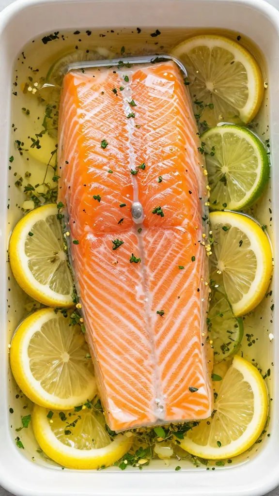 single salmon fillet marinating in lemon-lime herb mixture