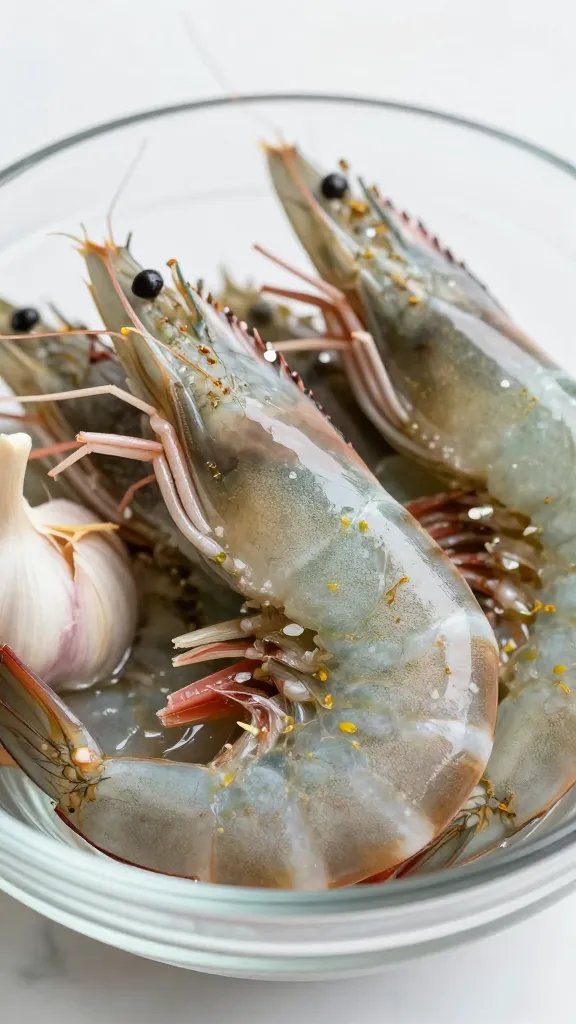 closeup raw shrimp in glass bowl with visible zest and garlic