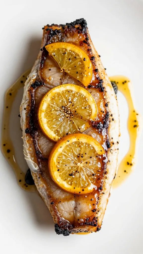 charred halibut steak with glossy citrus herb glaze