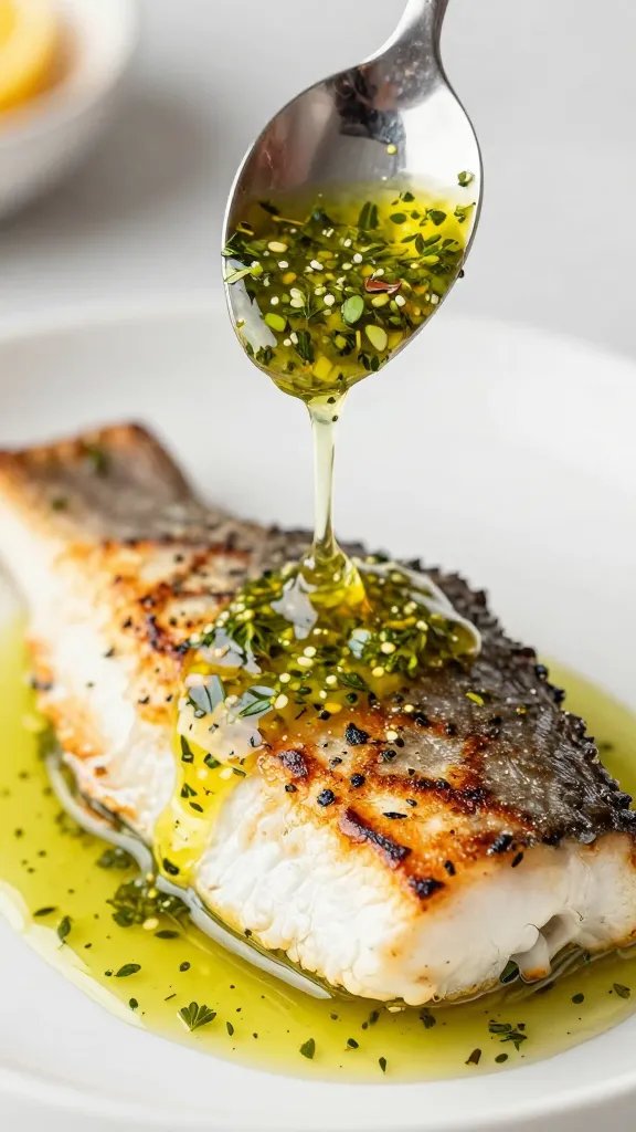 spoon dripping citrus herb marinade over seared sea bass