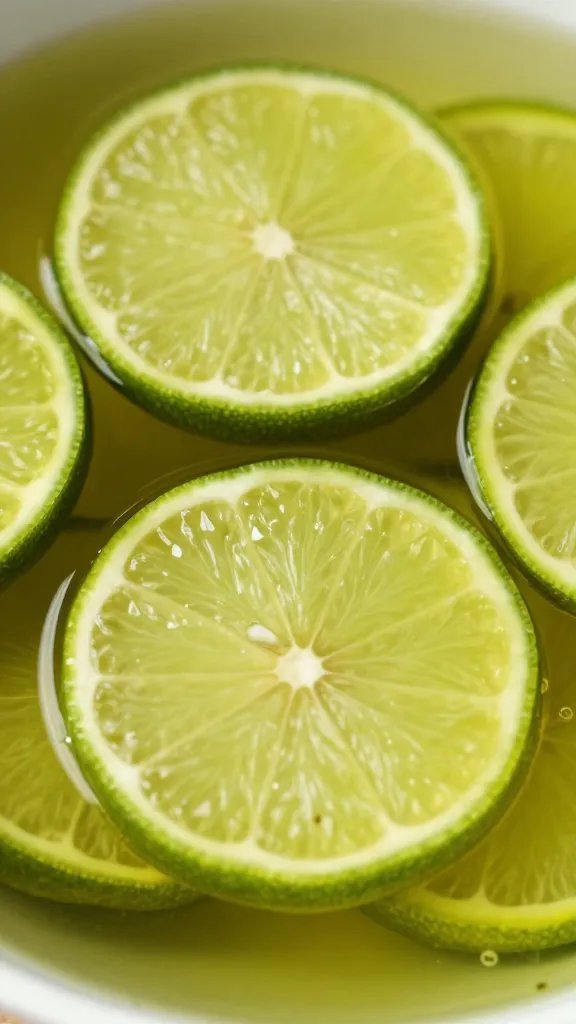 closeup lime slices floating in olive oil herb marinade
