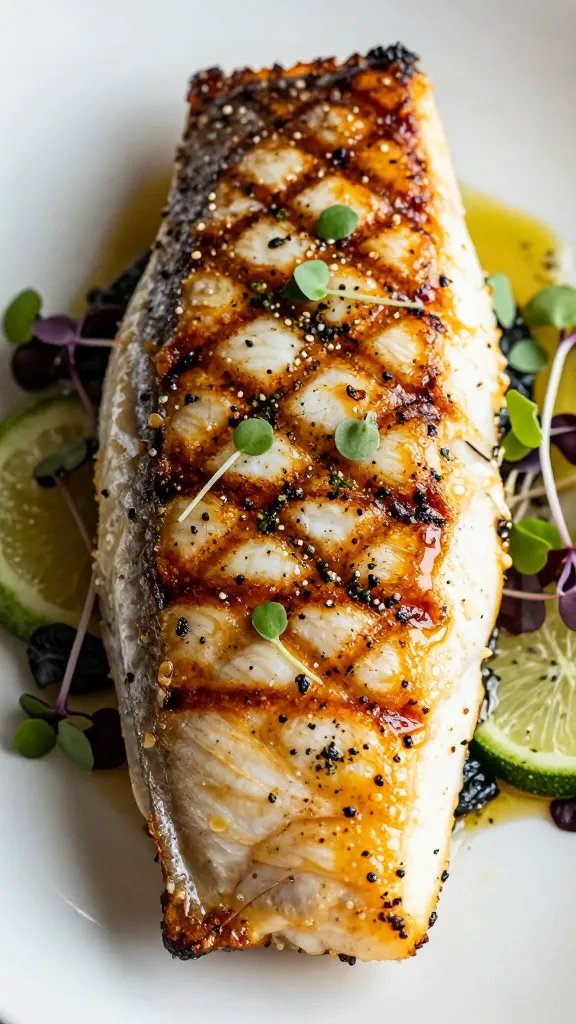 grilled mahi-mahi fillet with microchar and herb flecks
