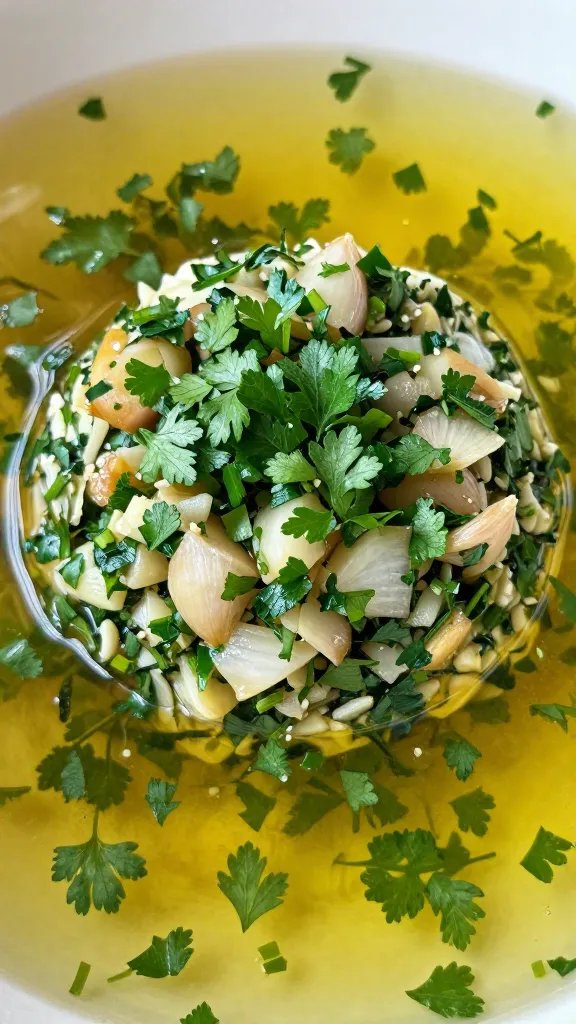 closeup parsley and garlic mound beside pooled citrus marinade