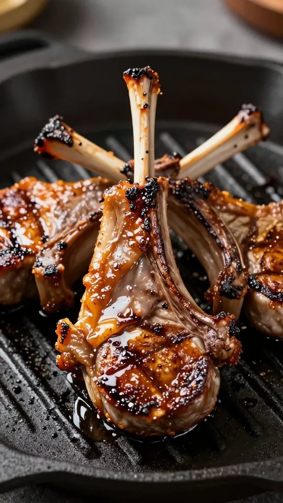 Grilled lamb chop with caramelized crust on cast-iron grill
