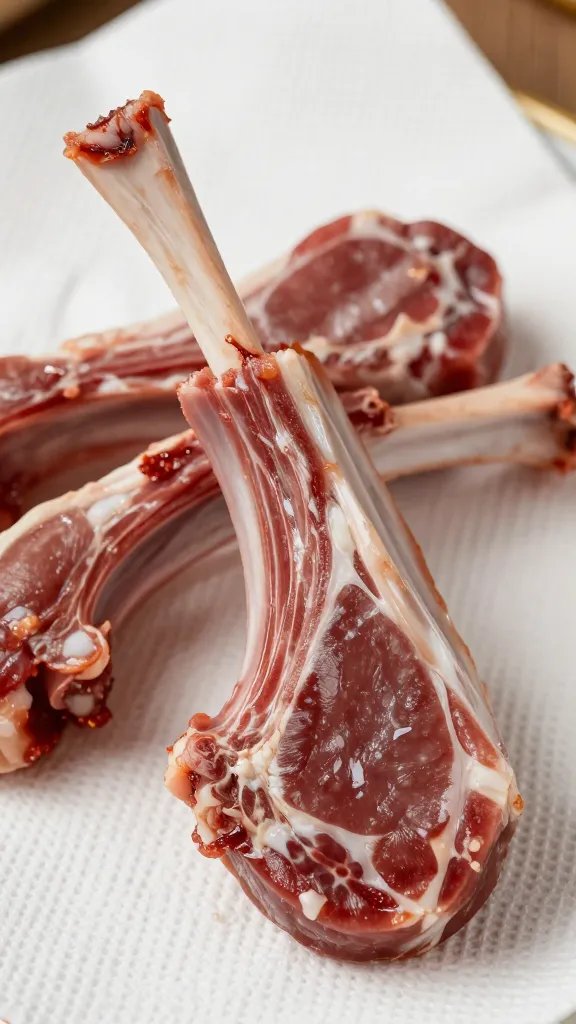 Closeup of lamb chop pat-dried with paper towel