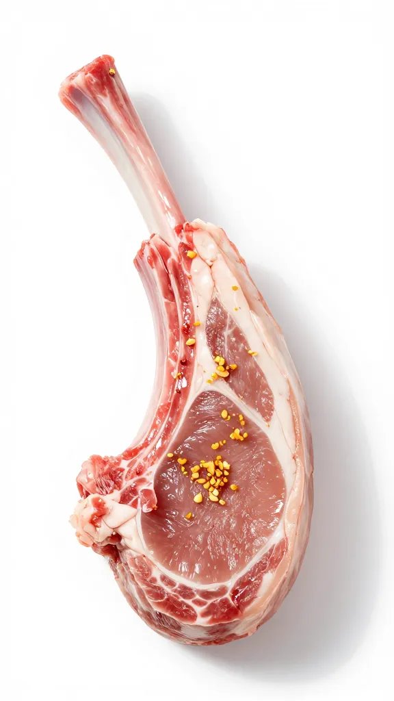 Single raw lamb chop sprinkled with minced garlic