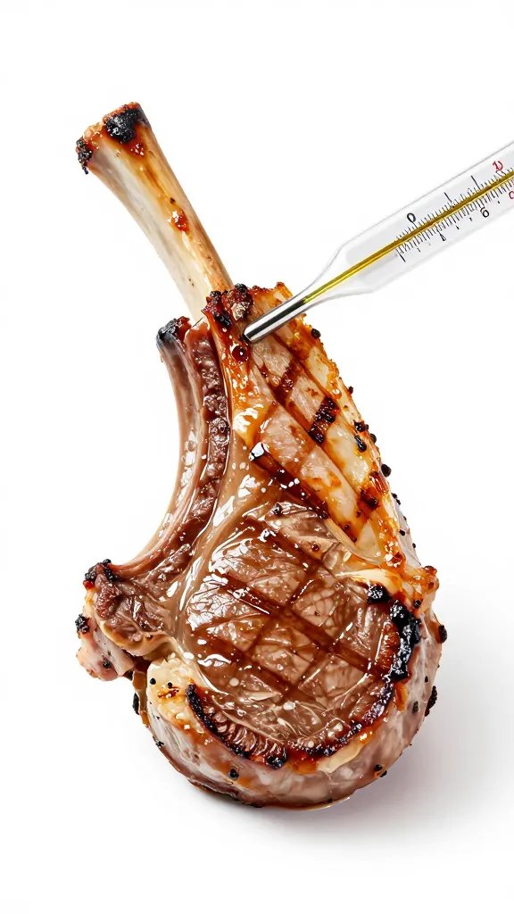 Thermometer inserted in resting grilled lamb chop