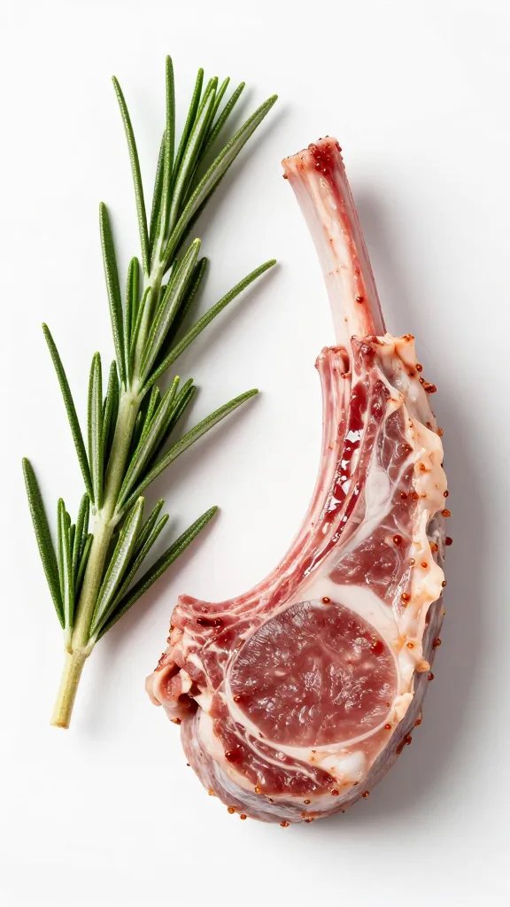 Fresh rosemary sprig beside marinated lamb chop