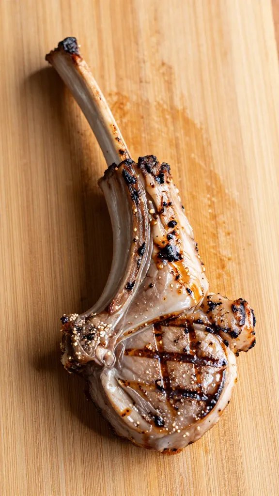 Single lamb chop grill marks, resting on wooden board