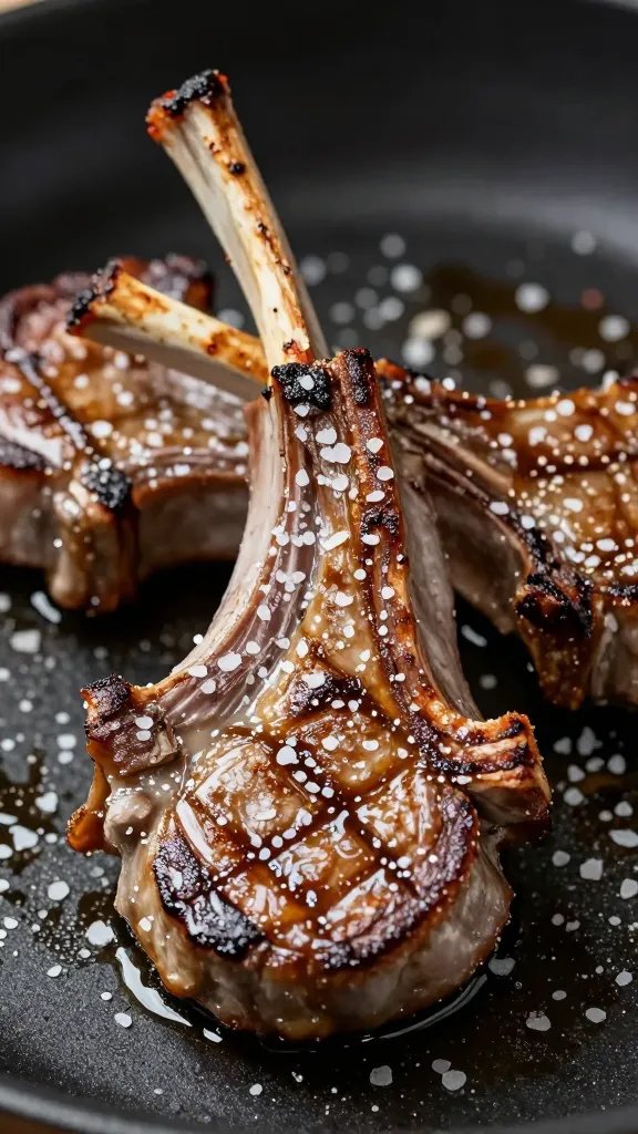 Sea salt flakes on seared lamb chop surface