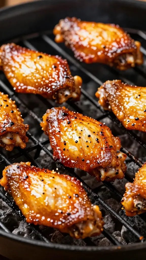 Glazed chicken wing closeup on charcoal grill grate