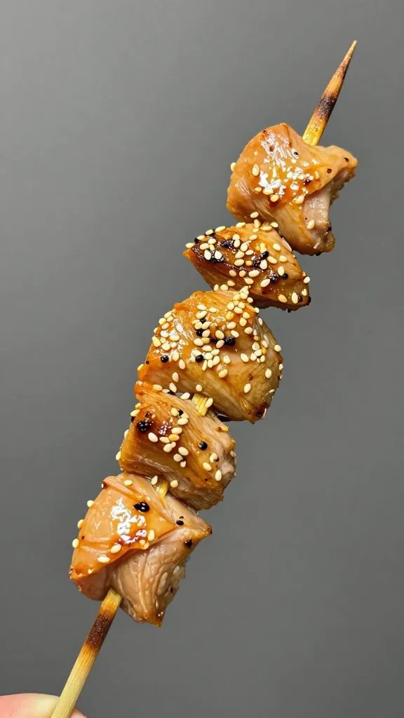 Single skewer of marinated chicken, sesame garnish
