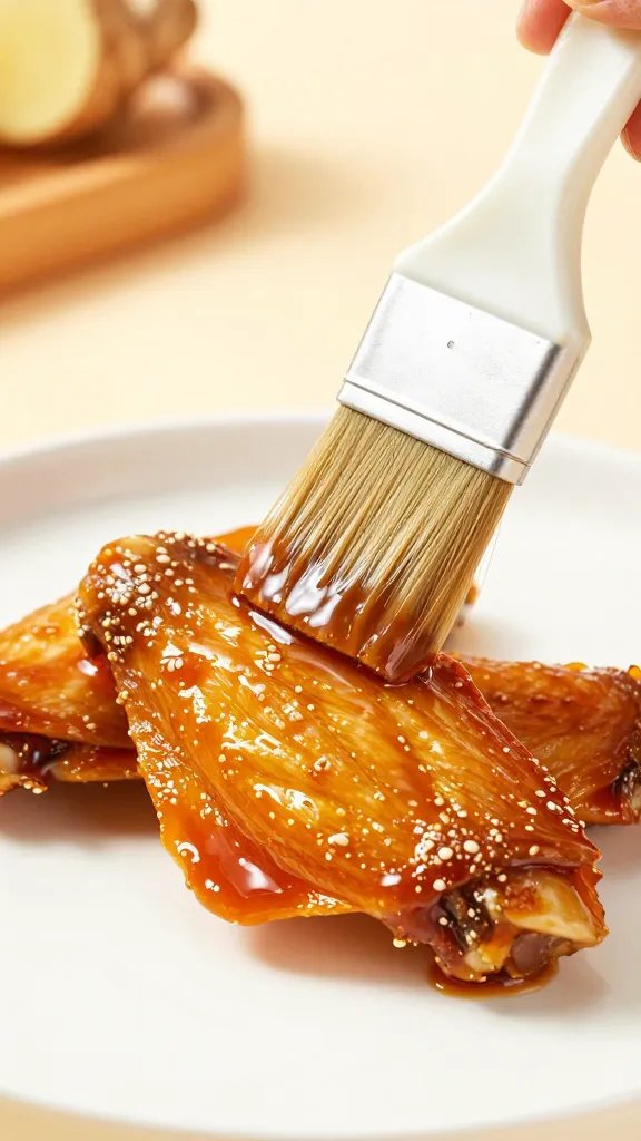 Brush applying soy-ginger glaze to wing