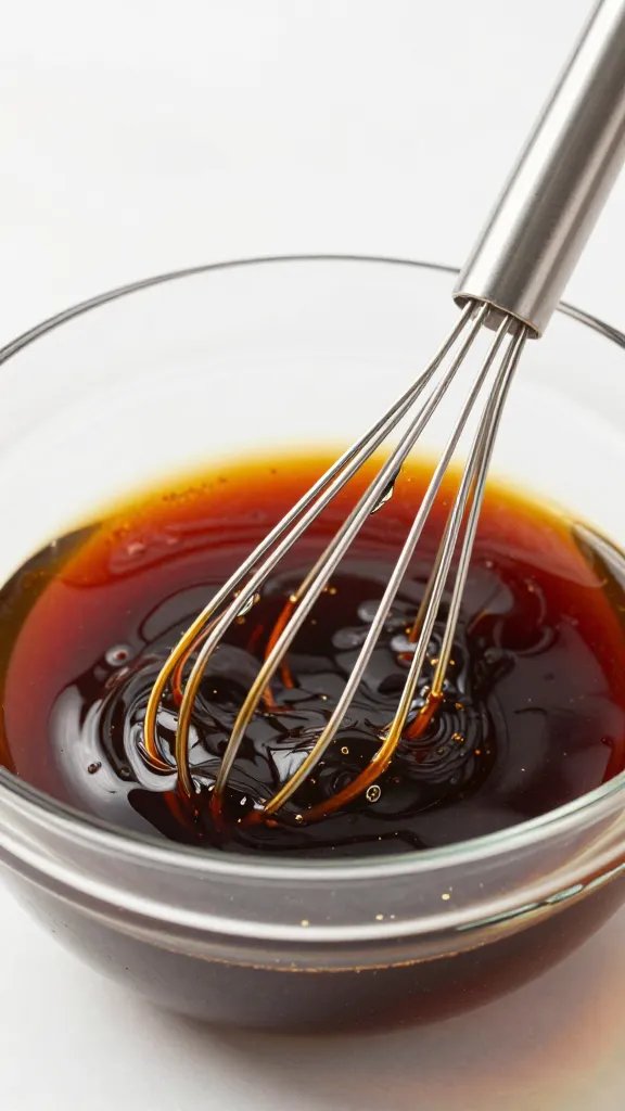 Glossy marinade in glass bowl with whisk