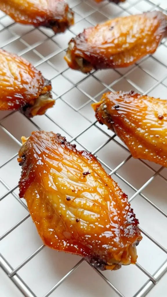 Caramelized wing resting on wire rack