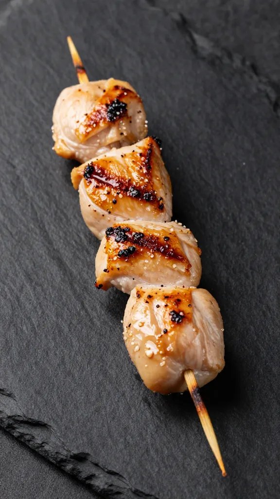 Single grilled chicken skewer on black slate