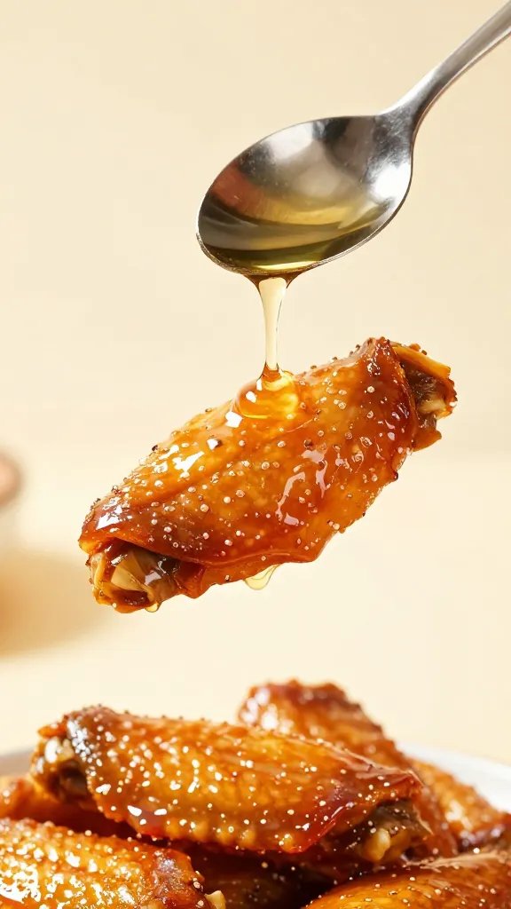 Spoon drizzling sticky glaze onto wing