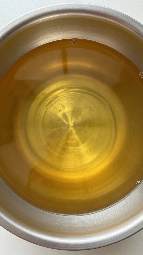 stainless bowl of apple cider vinegar marinade, overhead