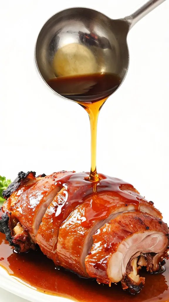 single ladle pouring marinade over roasting pork shoulder