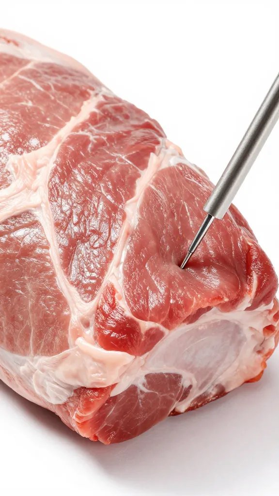 meat thermometer inserted into pork shoulder, shallow depth