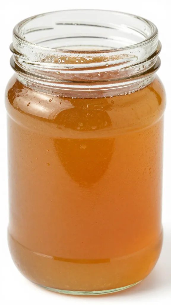 glass jar of reserved marinade with condensation, closeup