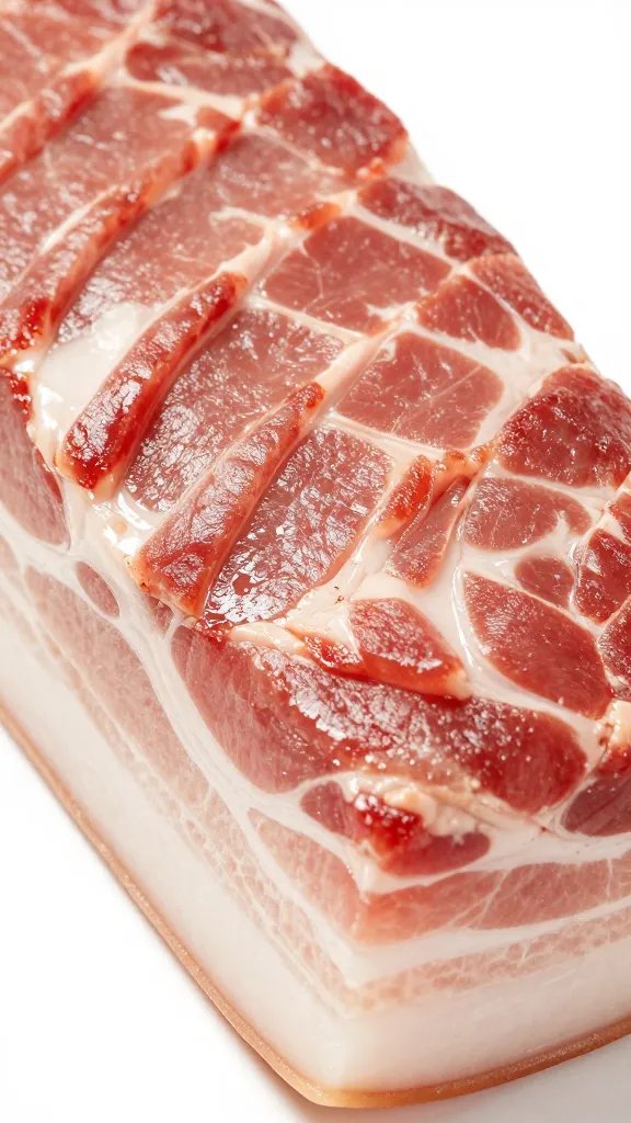 crosshatch-scored pork shoulder fat cap, pre-marinade closeup