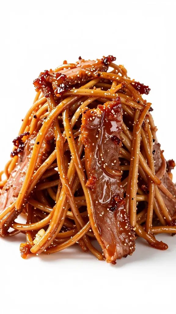 pulled pork mound with glistening bark strands, macro