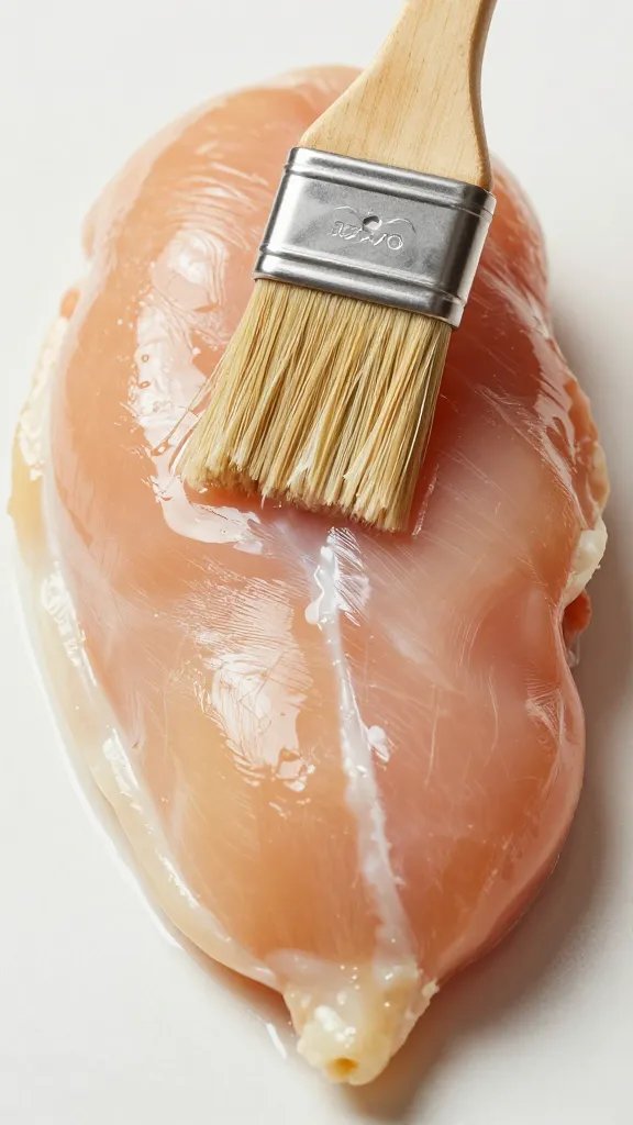 brushed-on marinade glistening on raw chicken breast