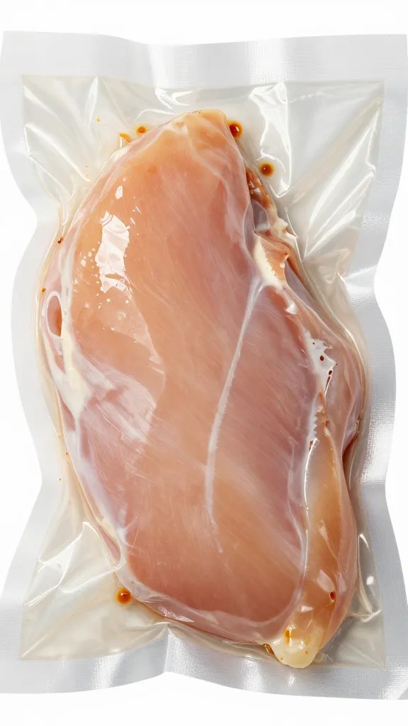 single vacuum bag of marinating chicken breast closeup