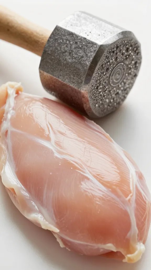 meat mallet beside evenly pounded chicken breast closeup