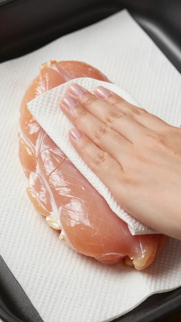 paper towel patting dry seasoned chicken breast