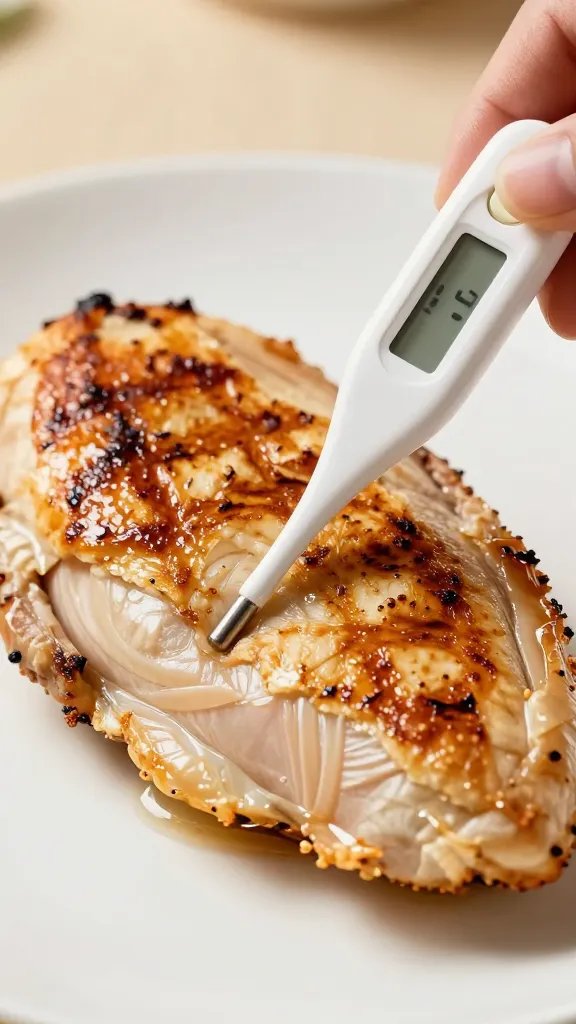 digital thermometer inserted into grilled chicken breast