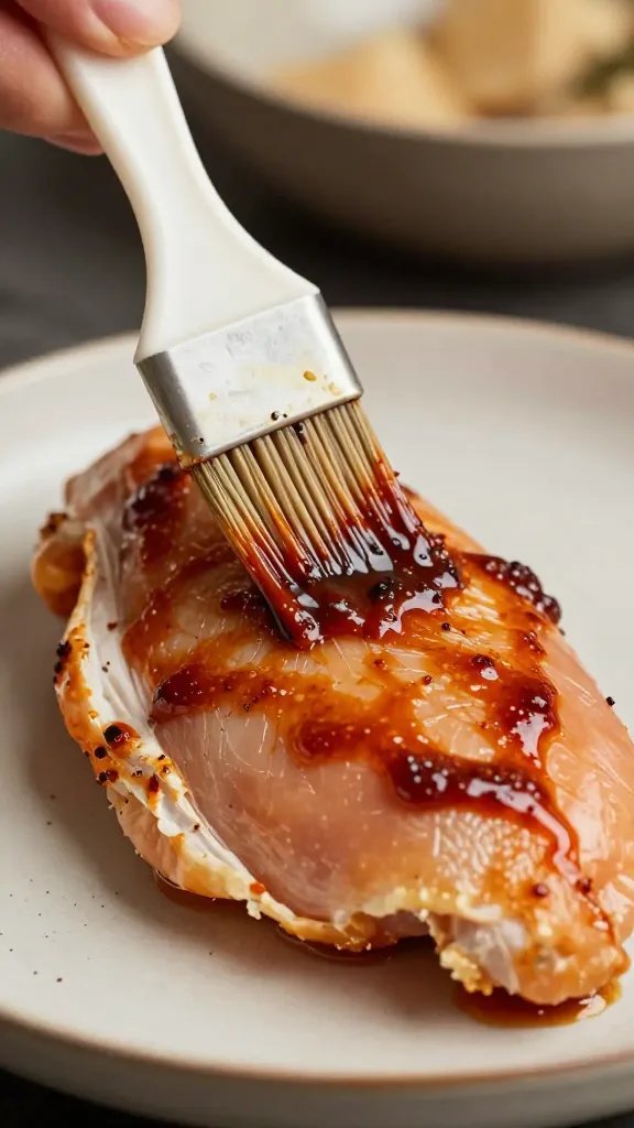 basting brush painting bbq marinade on chicken breast
