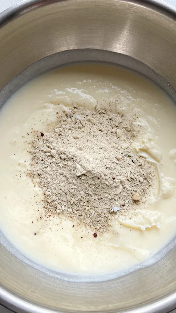 spices dusted over buttermilk in stainless mixing bowl closeup