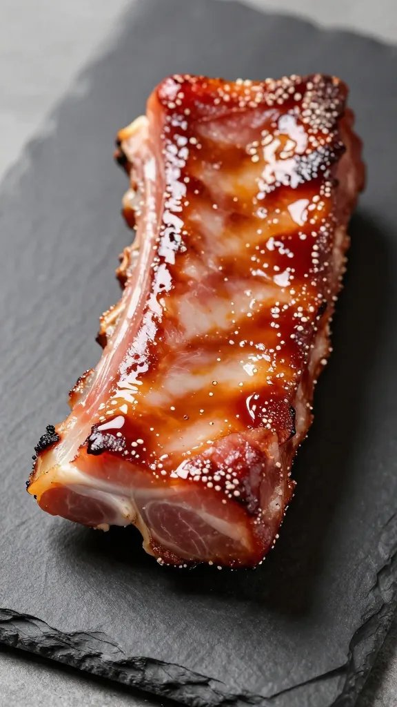 glazed pork spare rib closeup on slate board