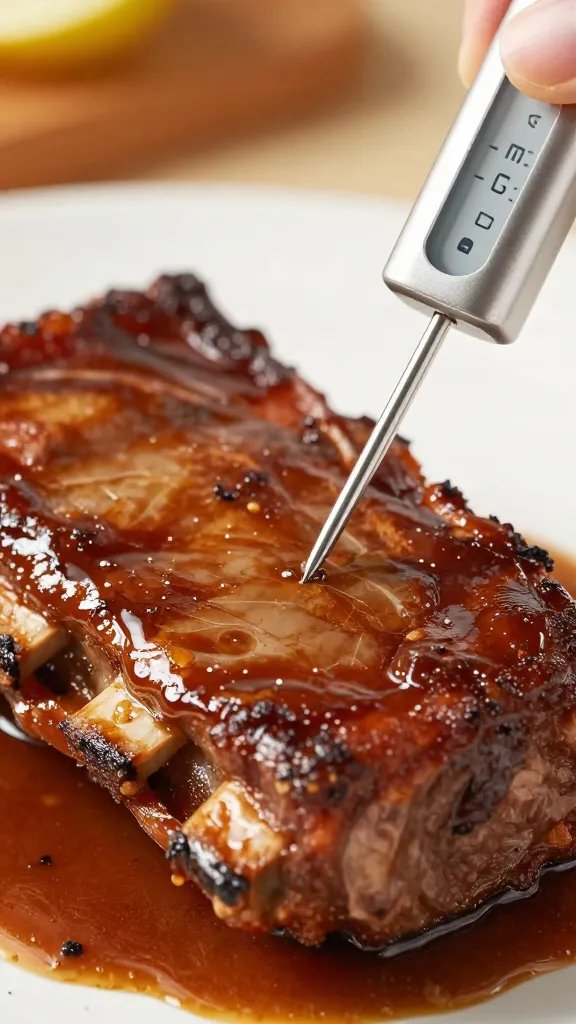 meat thermometer inserted into braised rib end