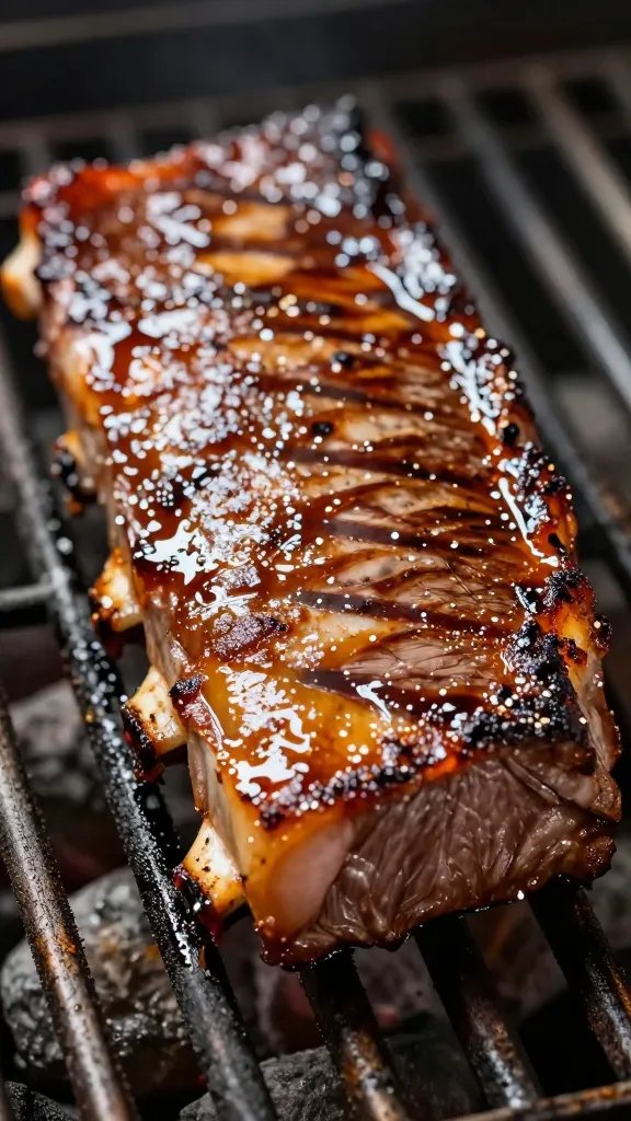 Glazed beef rib closeup on hot grill grates
