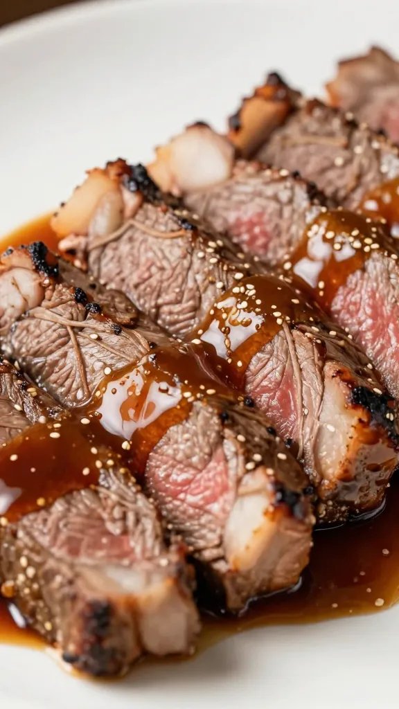 Sliced flank steak with bourbon glaze, macro shot