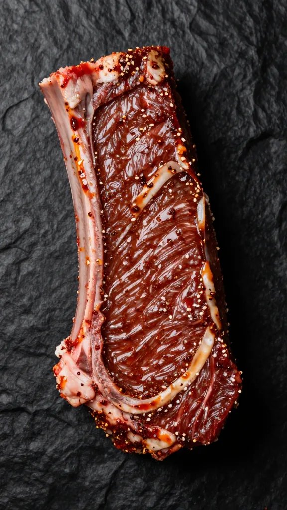Brushed marinade coating a single beef rib