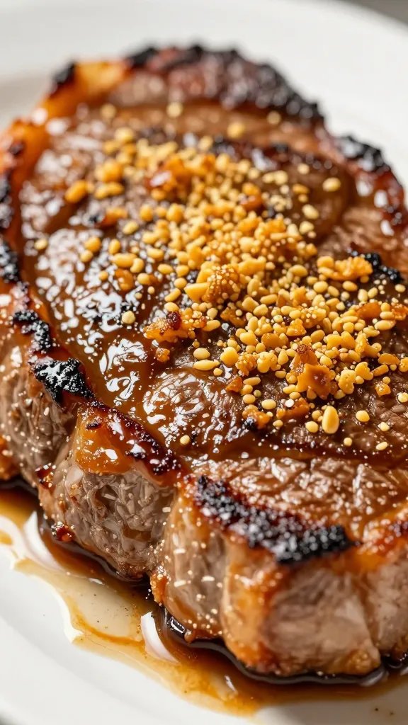 Caramelized crust on seared flank steak, closeup