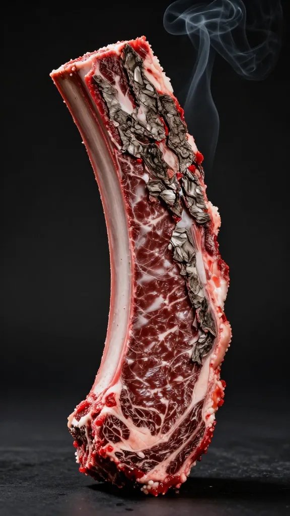 Single beef rib with lacquered bark, smoke wisps